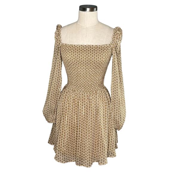 KOURT Tan Gold Smocked A-Line Mini Dress Women's Size XS Glam Calypso - Picture 1 of 9